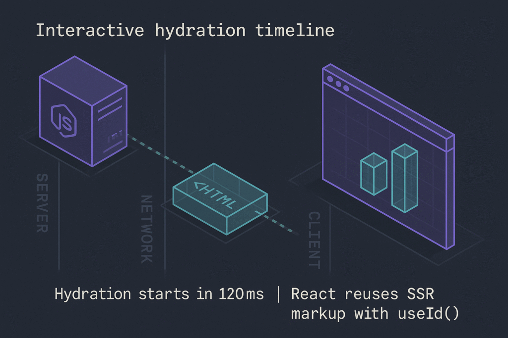 Next.js hydration timeline showing server rendering, network transfer, and client-side hydration with React useId hook