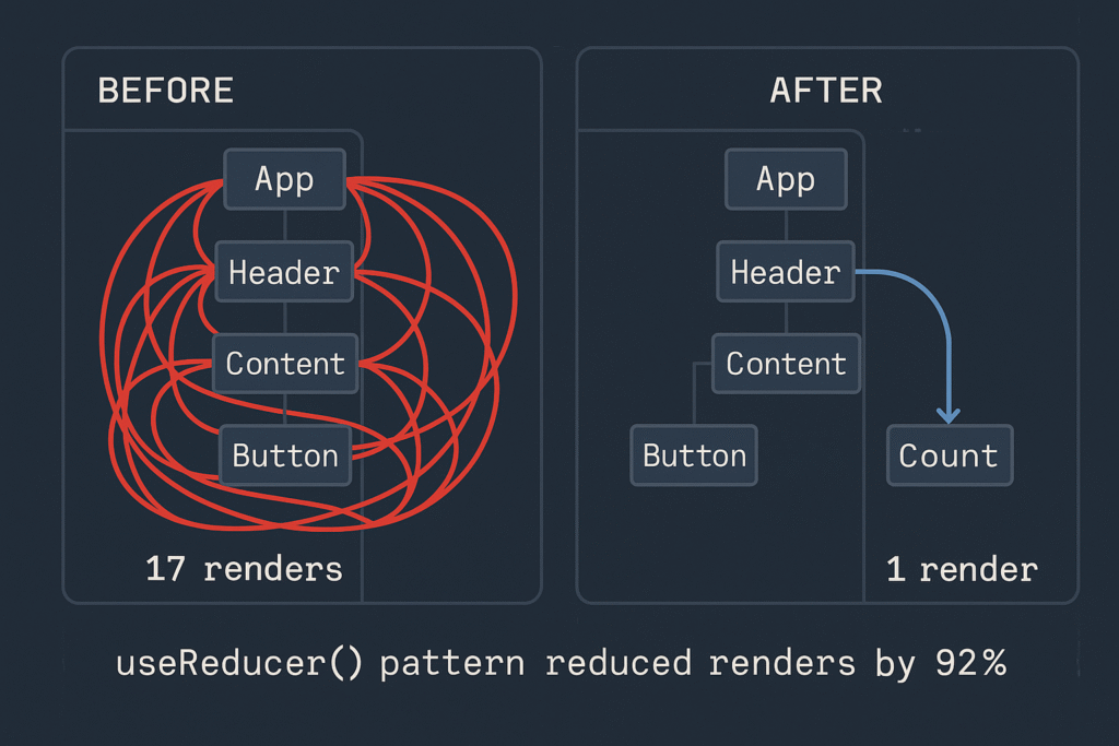 React component render optimization using useReducer hook - Before and After comparison showing 92% reduction