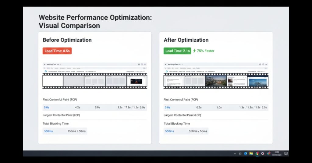 Comparison showing faster page load and lower layout shift after optimization