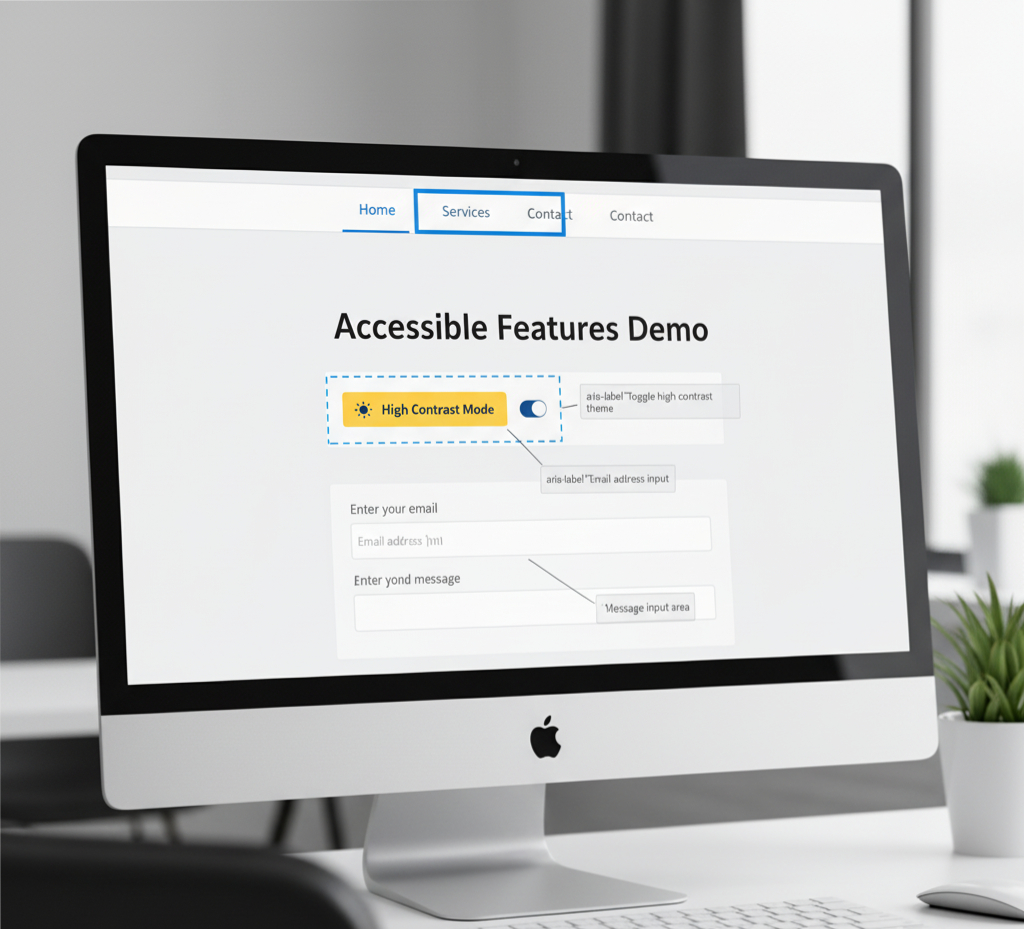 Accessible website design showing high contrast and screen reader focus indicators