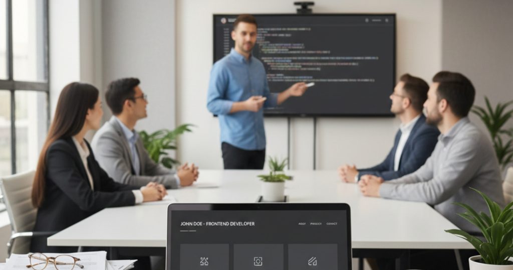 Hiring manager reviewing a frontend developer portfolio on laptop